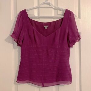 Ann Taylor 100% Silk Blouse Ruffled Short Sleeves Color Plum Women’s Size 10